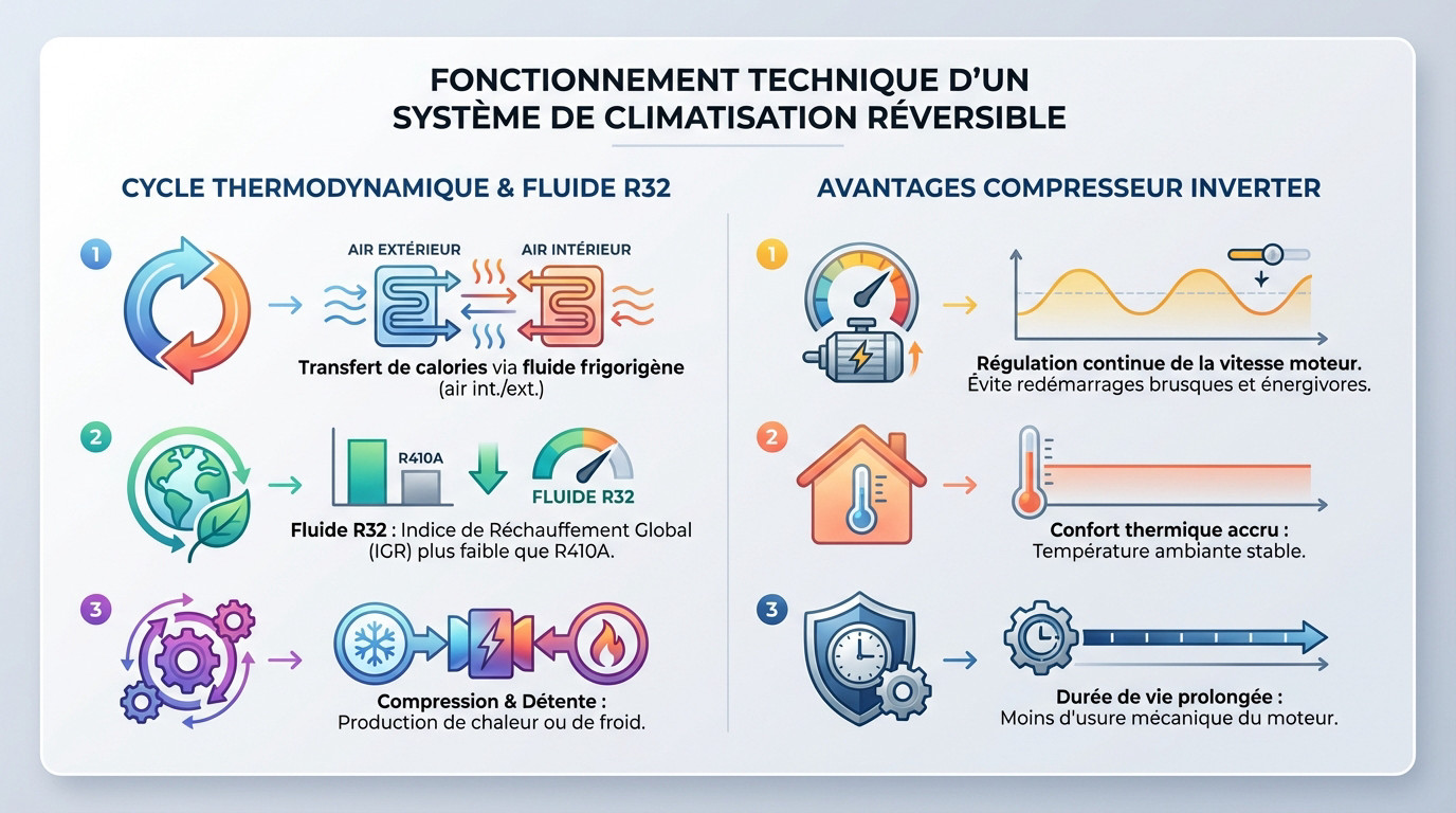Schéma explicatif du cycle thermodynamique d'une climatisation réversible avec unité intérieure et extérieure